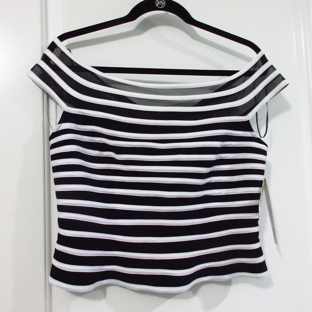 JS Signature striped mesh peplum top Blk/Wht 12